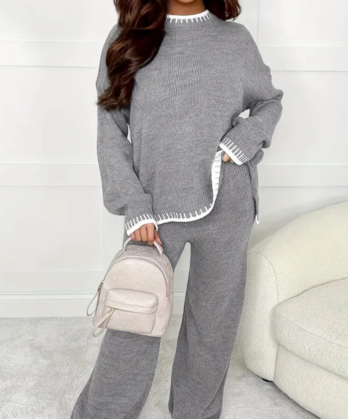 Damessweater met Lange Mouwen en Ronde Hals + Broek Tweedelige Set in Contrasterende Kleuren voor Casual Herfst/Winter